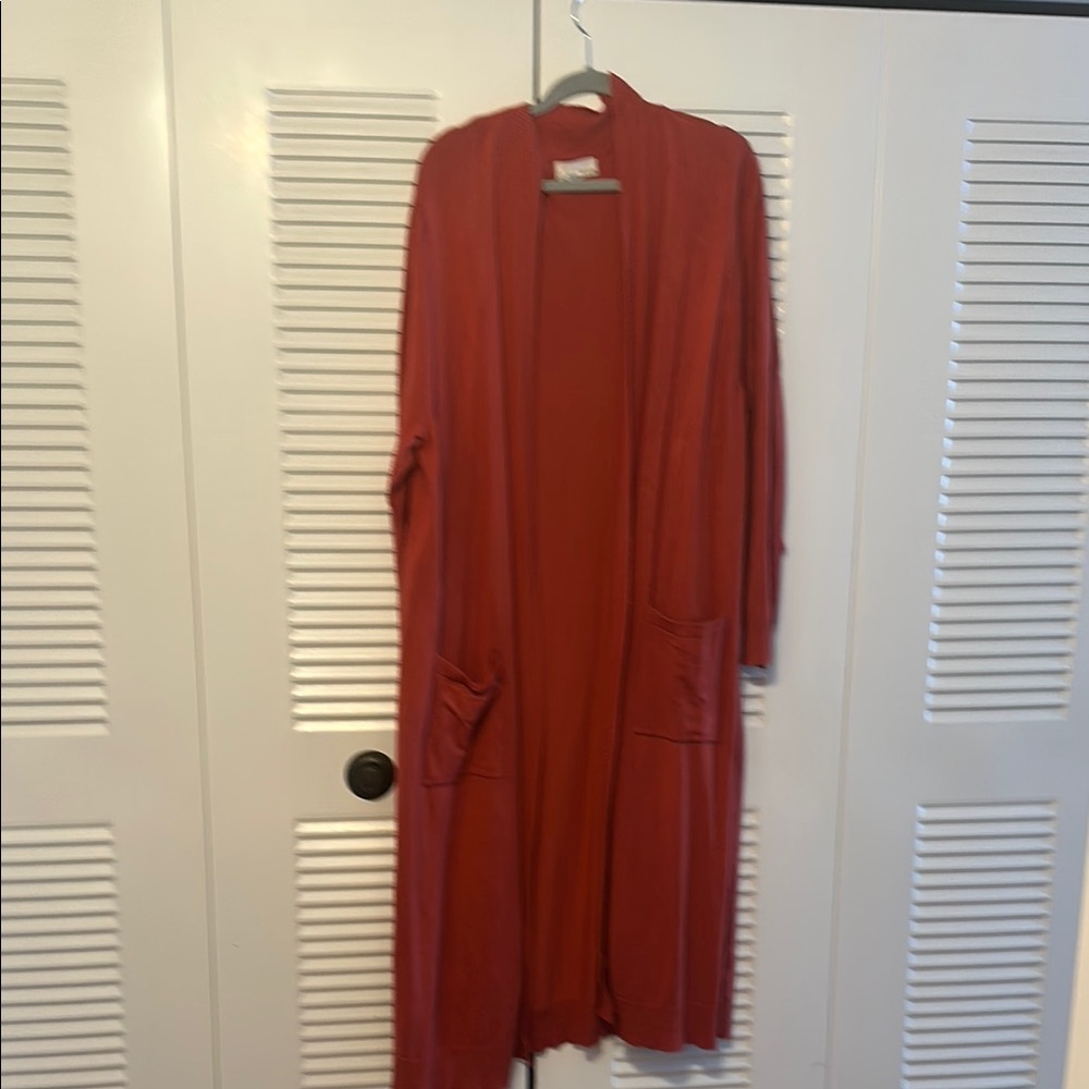 Vibrant Red Knee-Length Open Front Cardigan
